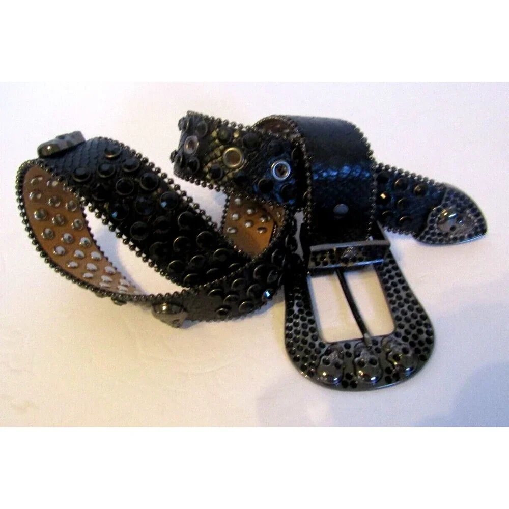 Wesharal Belt Black Rhinestone Diamone Inlays Skulls Western Cowgirl Size M/L